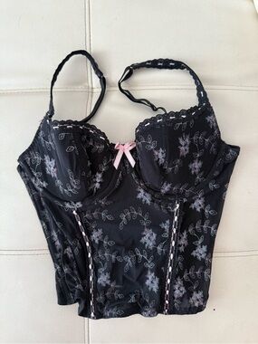 GLO jeans Black Floral Lace Bustier with Pink Bow